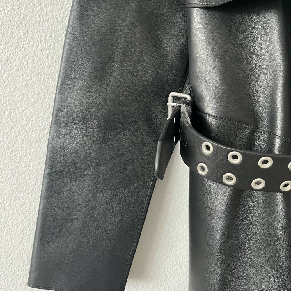 All Saints Farren Leather Belted Long Black Trench Coat Goth Grunge Moto 6 NEW - Picture 12 of 16